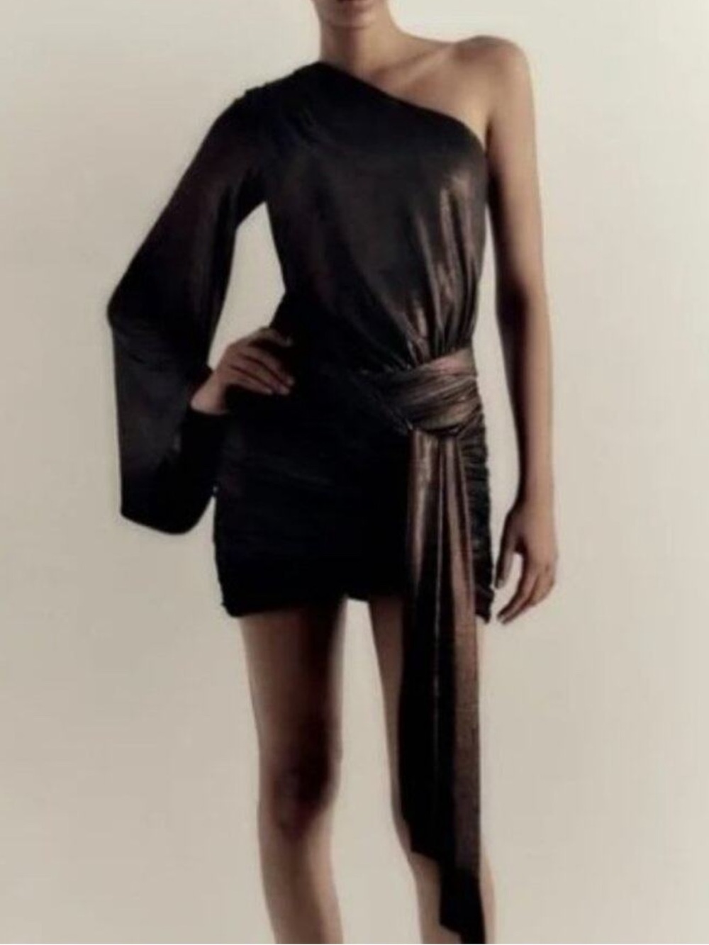 Zara Metallic Bronze Asymmetrical Ruched Bodycon Mini Dress